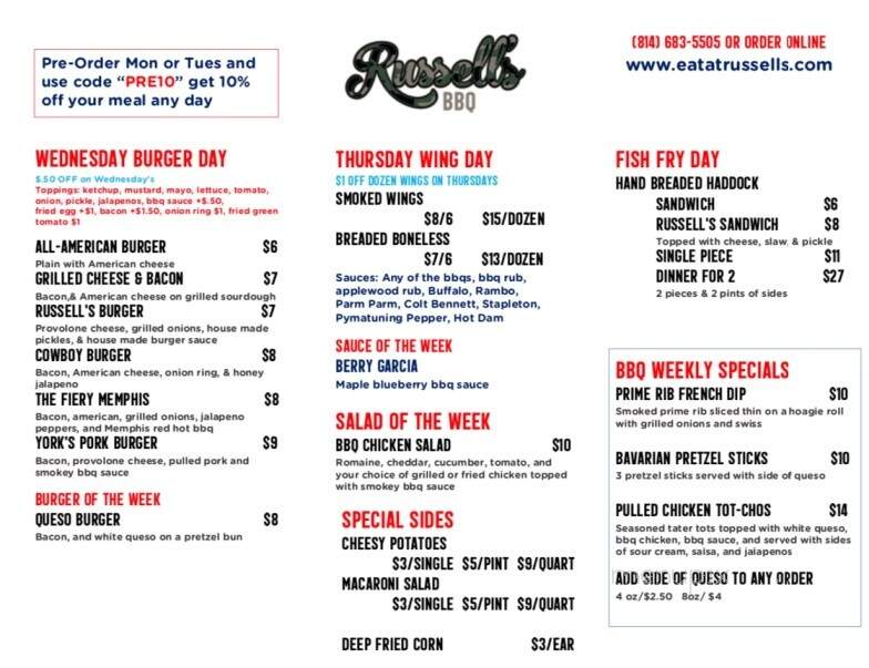 Russell's Restaurant - Linesville, PA menu_pic