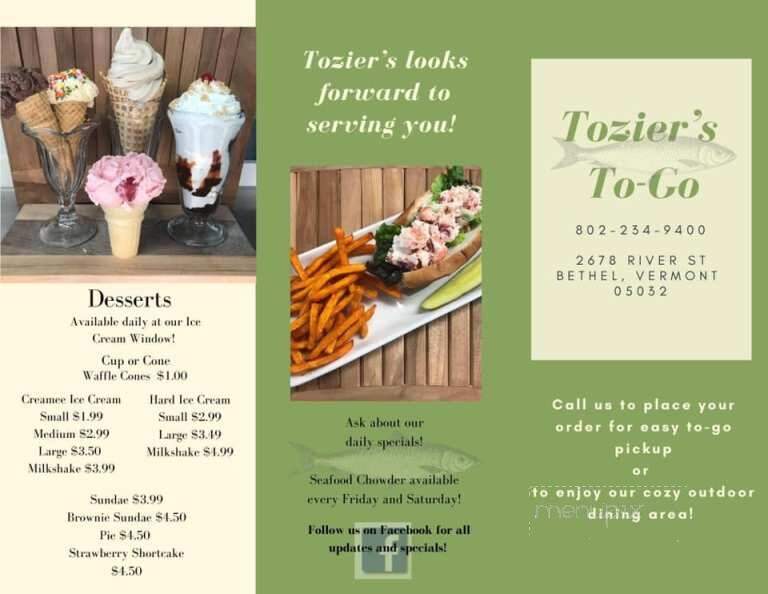Tozier's Restaurant - Bethel, VT menu_pic