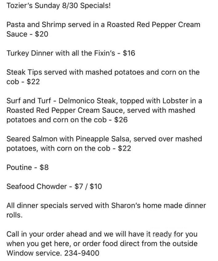 Tozier's Restaurant - Bethel, VT menu_pic