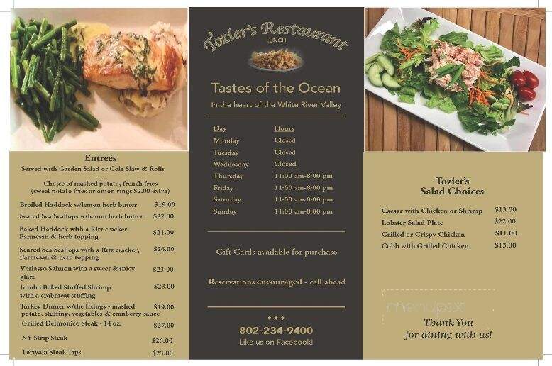 Tozier's Restaurant - Bethel, VT menu_pic