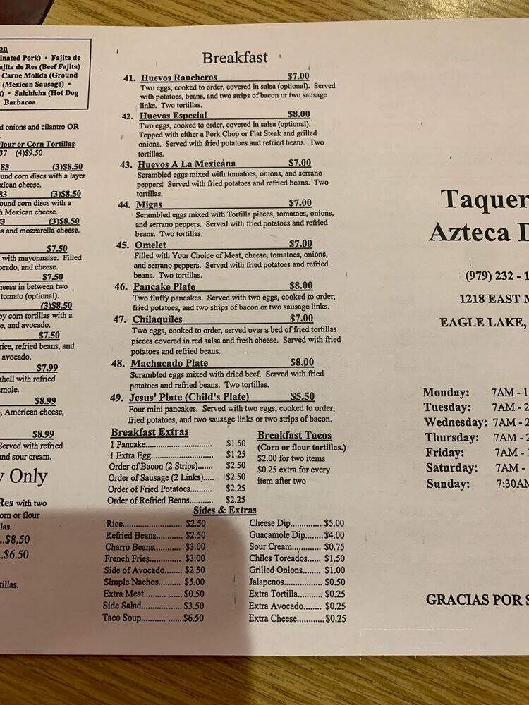 Taqueria Azteca - Eagle Lake, TX menu_pic