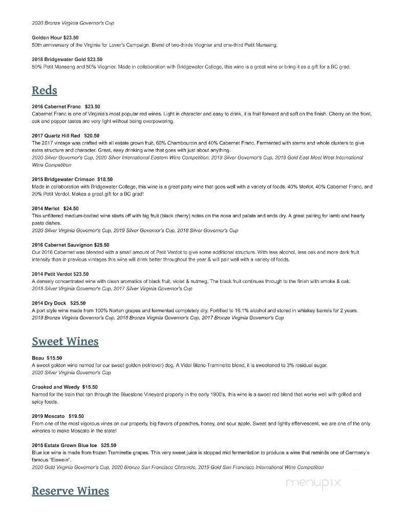 Bluestone Vineyard - Bridgewater, VA menu_pic