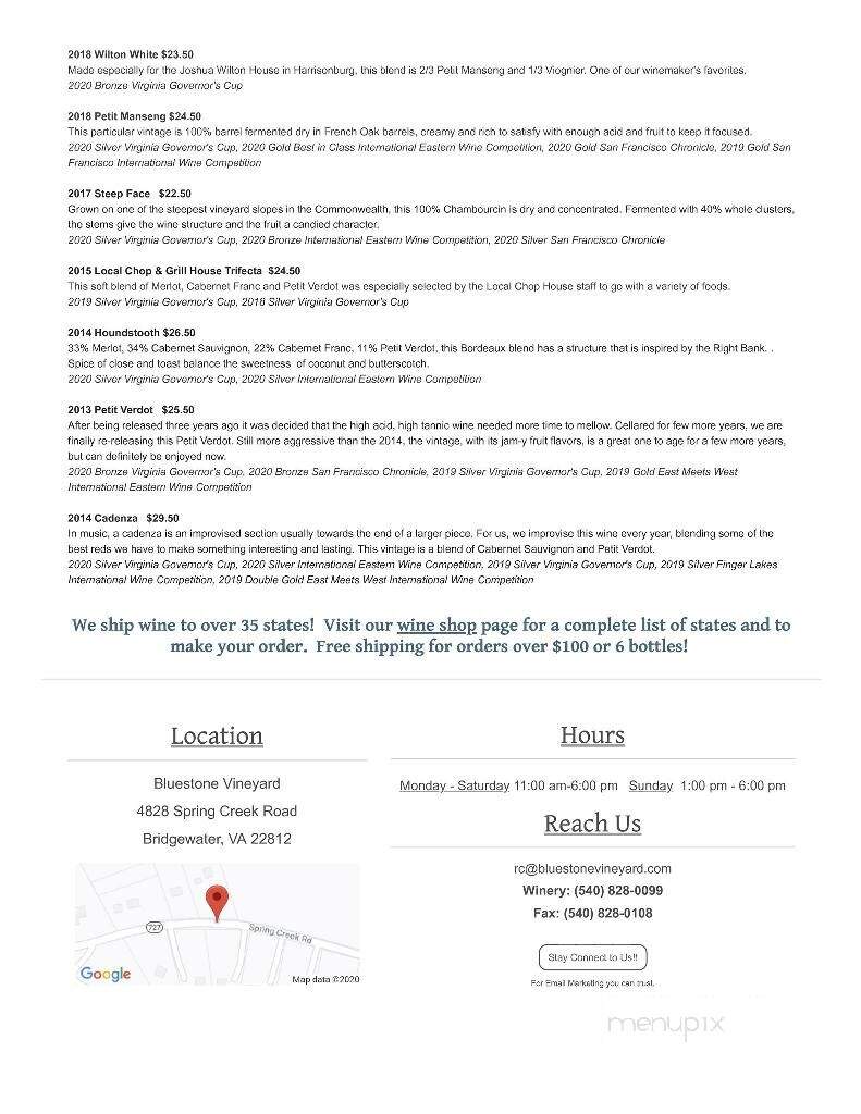 Bluestone Vineyard - Bridgewater, VA menu_pic