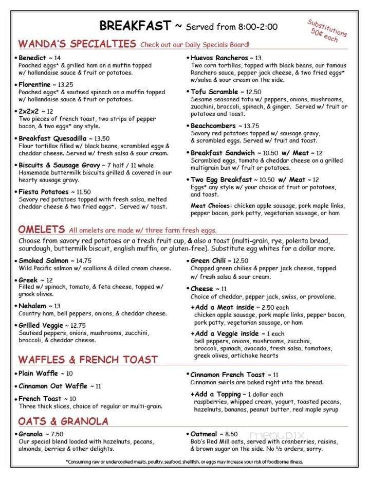 Wanda's Cafe & Bakery - Nehalem, OR menu_pic