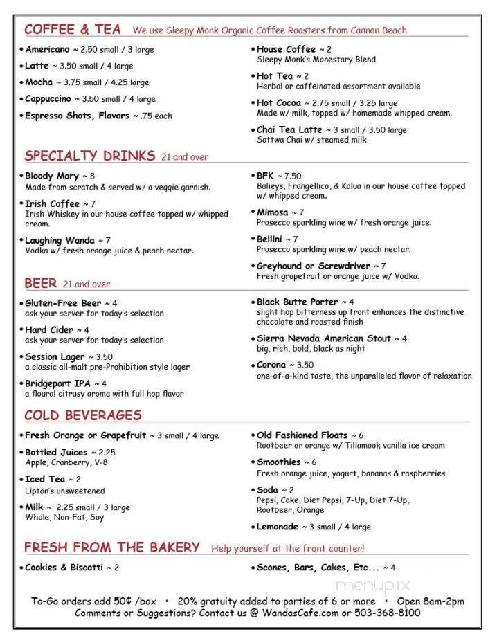 Wanda's Cafe & Bakery - Nehalem, OR menu_pic