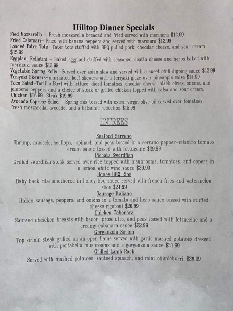 Hilltop Restaurant - Willington, CT menu_pic