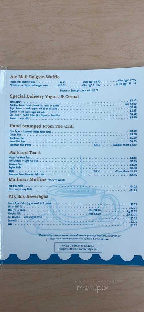 Old Post Office Restaurant - Ephraim, WI menu_pic