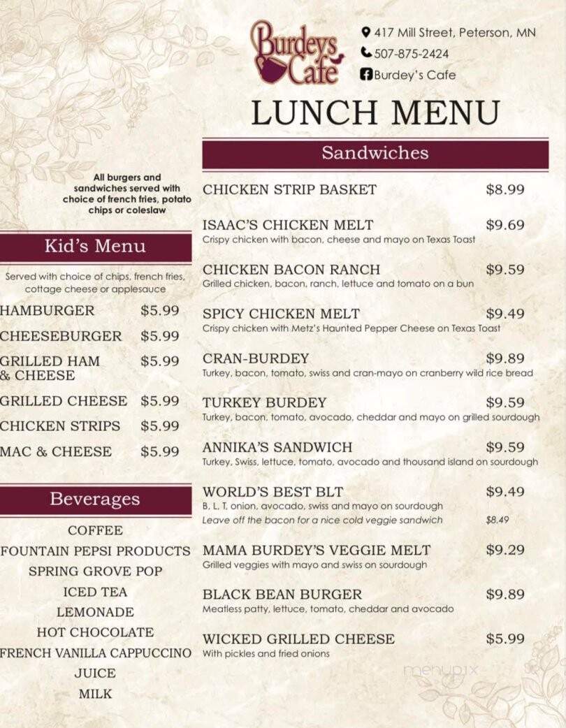 Burdey's Cafe - Peterson, MN menu_pic