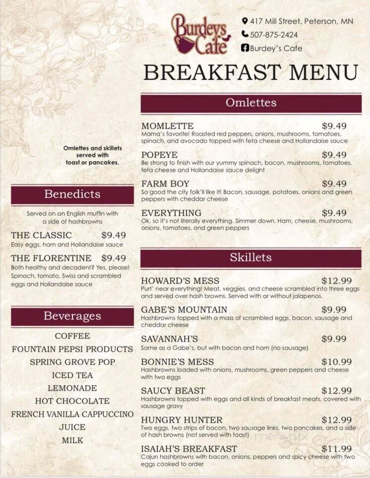 Burdey's Cafe - Peterson, MN menu_pic