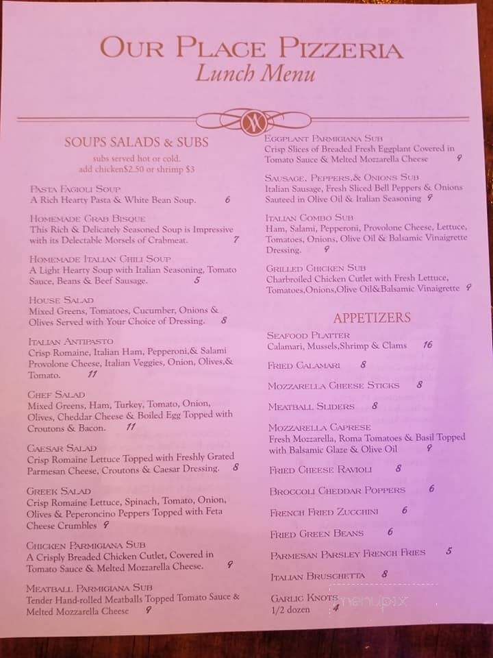 Our Place Pizzeria & Restorante - Branford, FL menu_pic