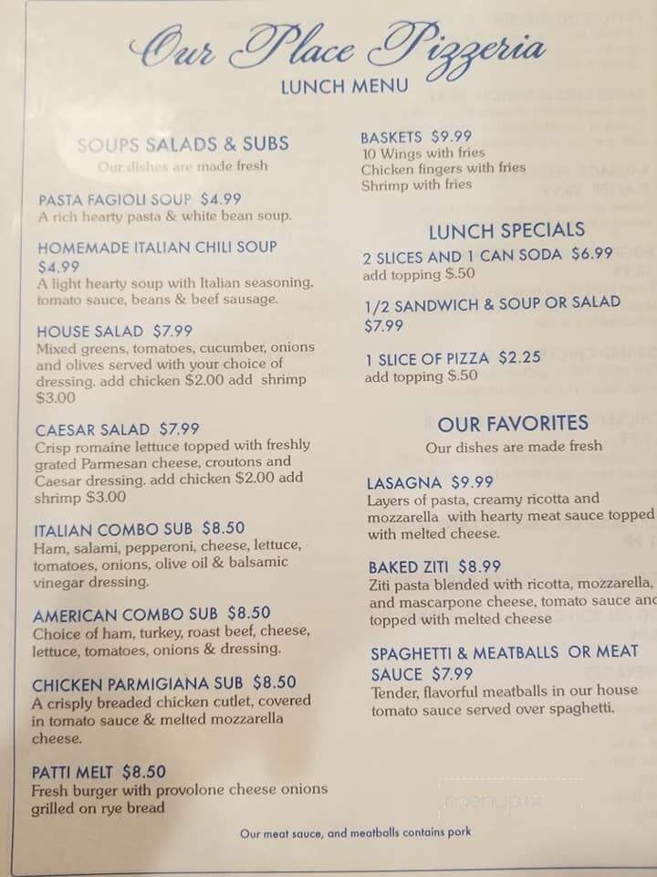 Our Place Pizzeria & Restorante - Branford, FL menu_pic