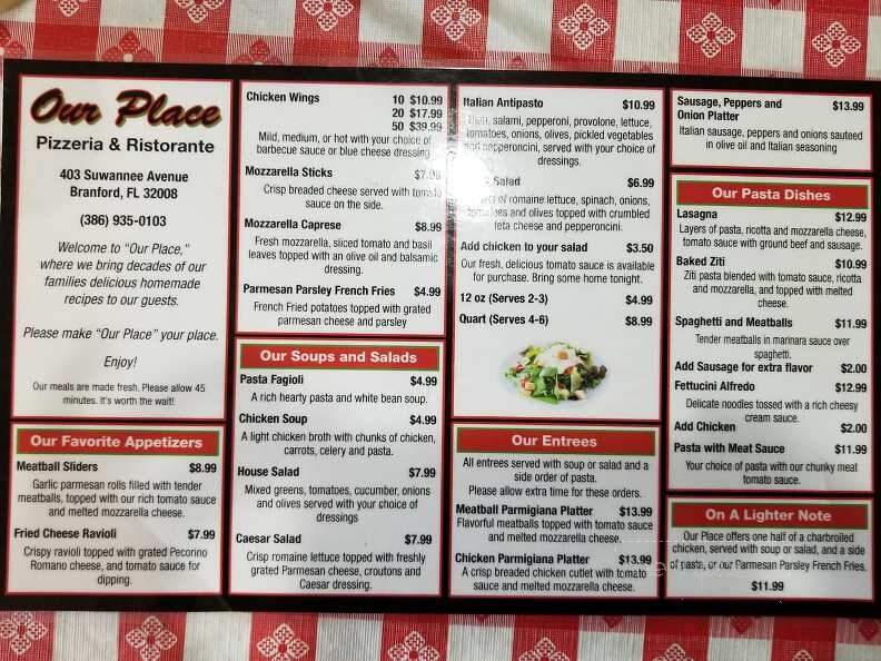 Our Place Pizzeria & Restorante - Branford, FL menu_pic