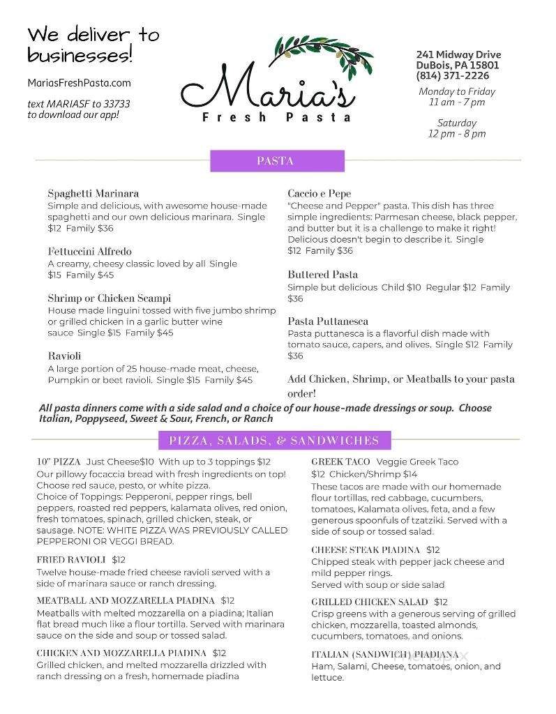 Maria's Fresh Pasta - DuBois, PA menu_pic