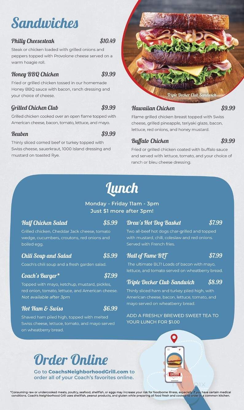 Coach's Neighborhood Grill - Kannapolis, NC menu_pic