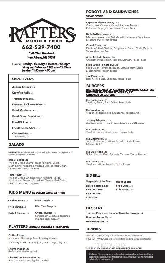 Rafters Music and Food - New Albany, MS menu_pic