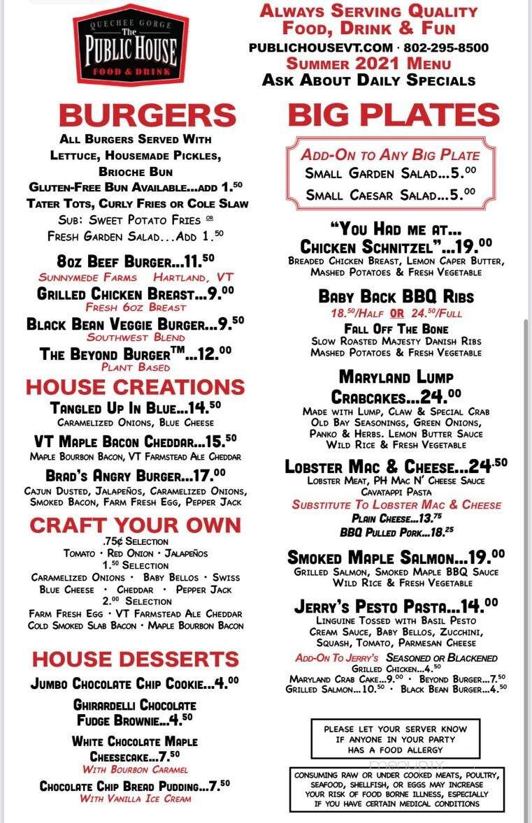 The Public House at Quechee Gorge - Quechee, VT menu_pic