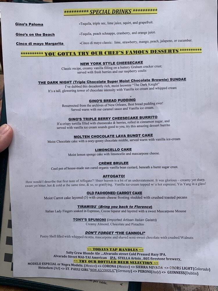 Gino's Fine Italian Food - Salinas, CA menu_pic