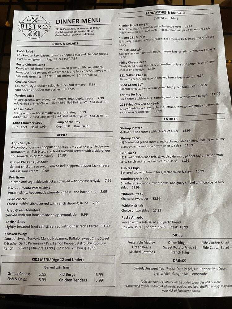 Bistro 221 - Saint George, SC menu_pic