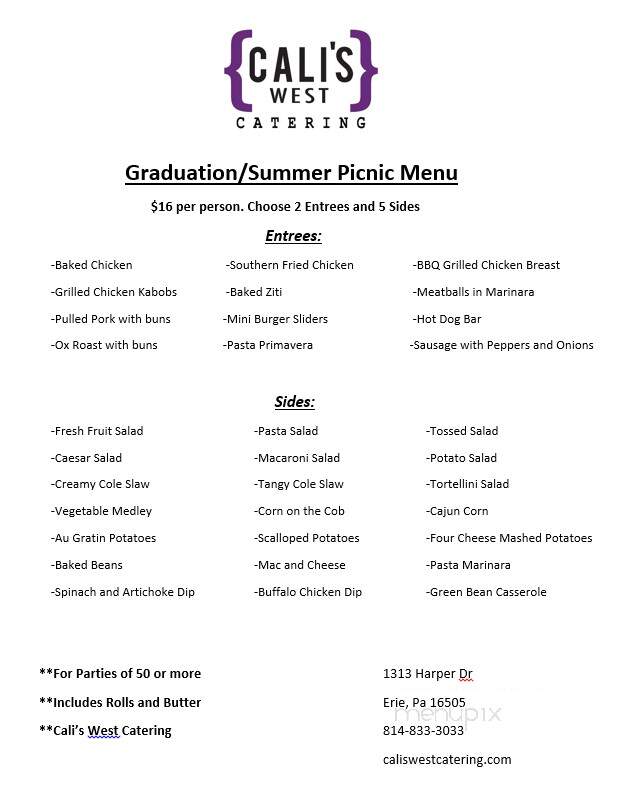 Cali's West Catering & Express Take-Out - Erie, PA menu_pic