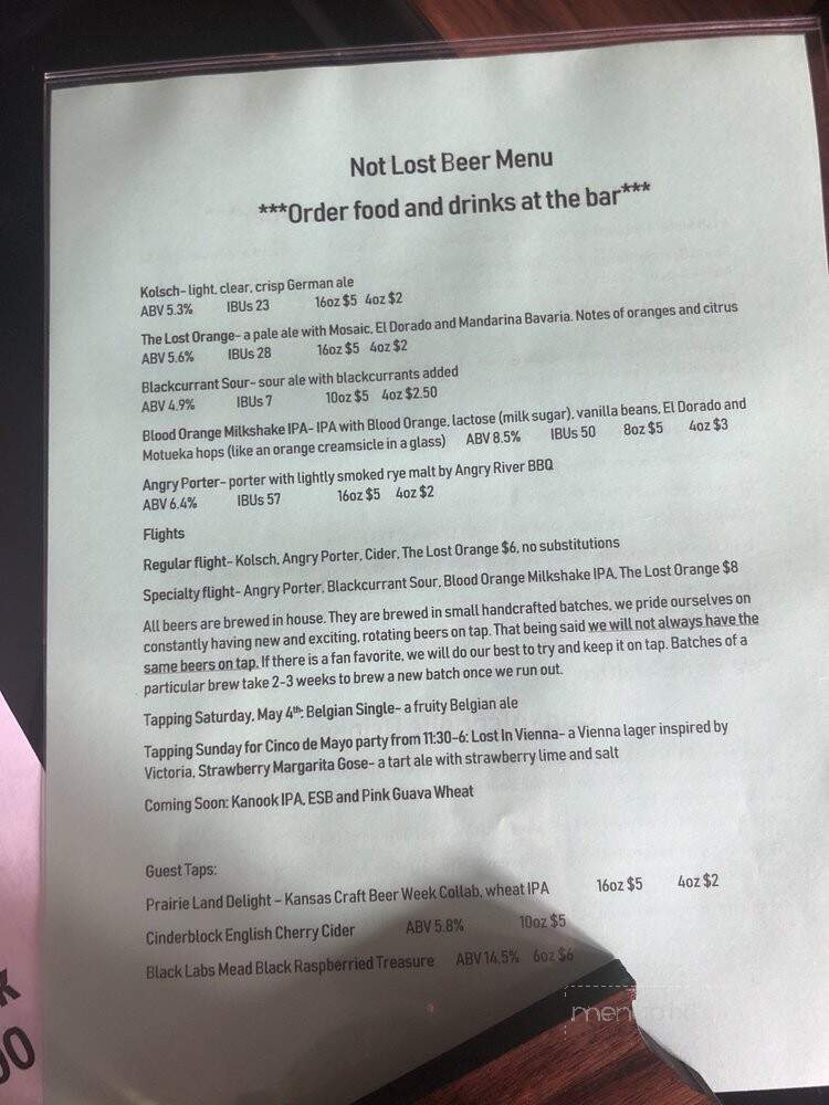Not Lost Brewing Company - Ottawa, KS menu_pic