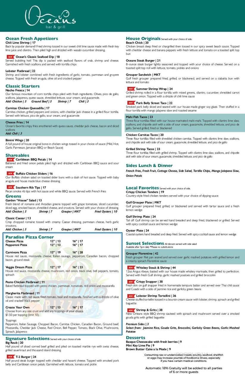Ocean's Bar & Grill - Panama City Beach, FL menu_pic