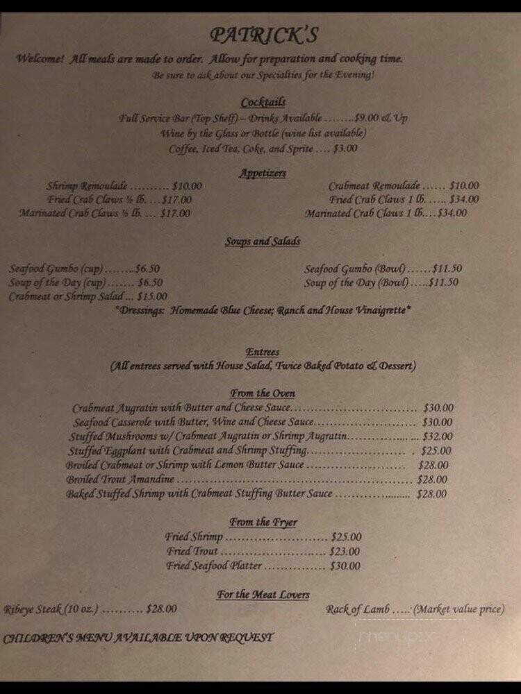 Patrick's - Ocean Springs, MS menu_pic