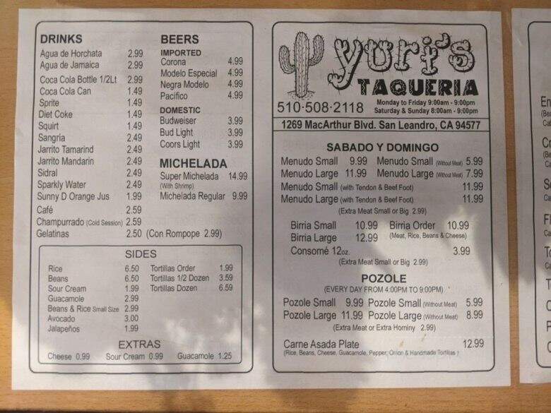 Yuri's Taqueria - San Leandro, CA menu_pic