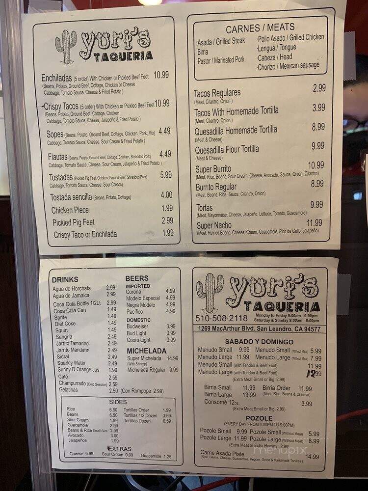Yuri's Taqueria - San Leandro, CA menu_pic