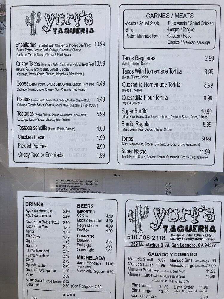 Yuri's Taqueria - San Leandro, CA menu_pic