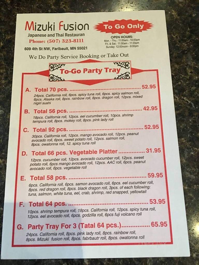 Mizuki Fusion - Faribault, MN menu_pic