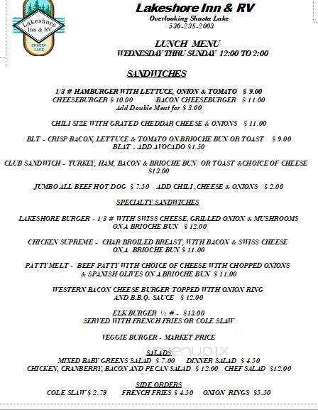 Lakeshore Inn and RV - Lakehead, CA menu_pic