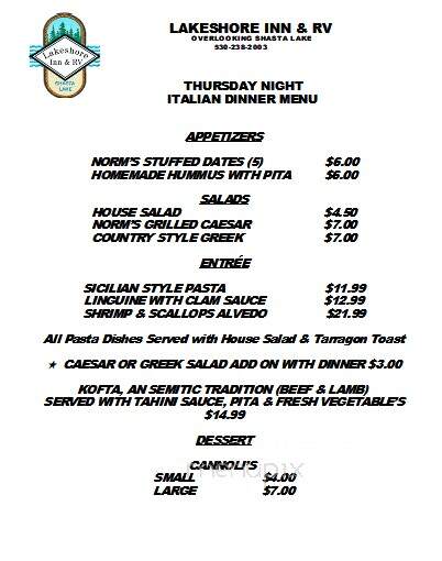 Lakeshore Inn and RV - Lakehead, CA menu_pic