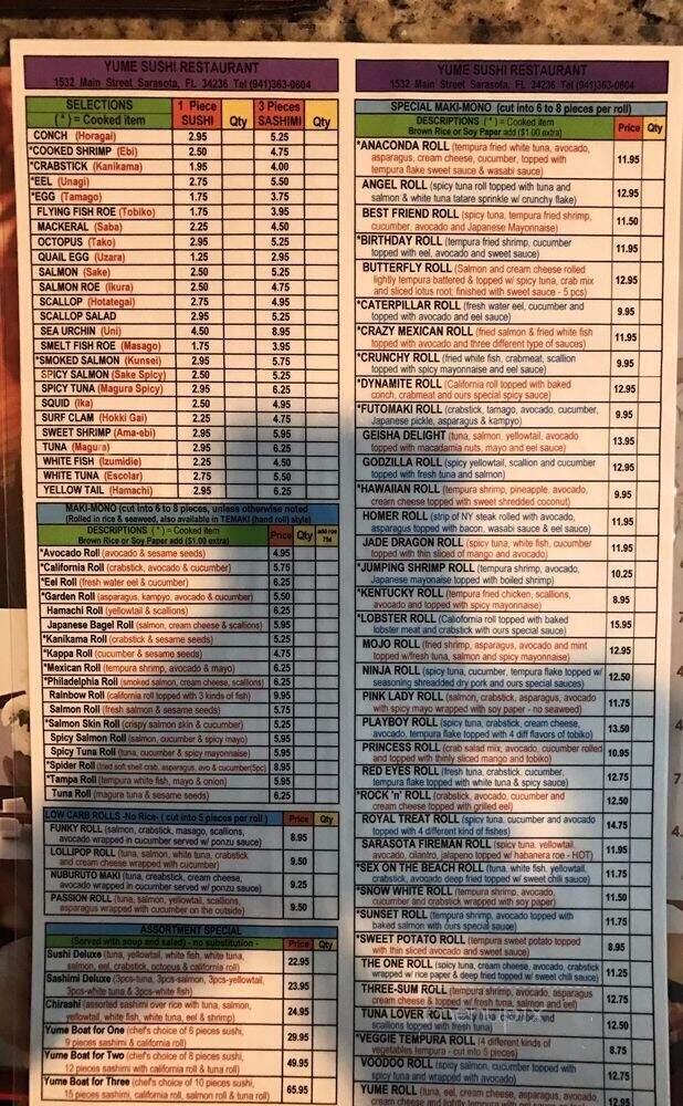Yume Sushi - Sarasota, FL menu_pic