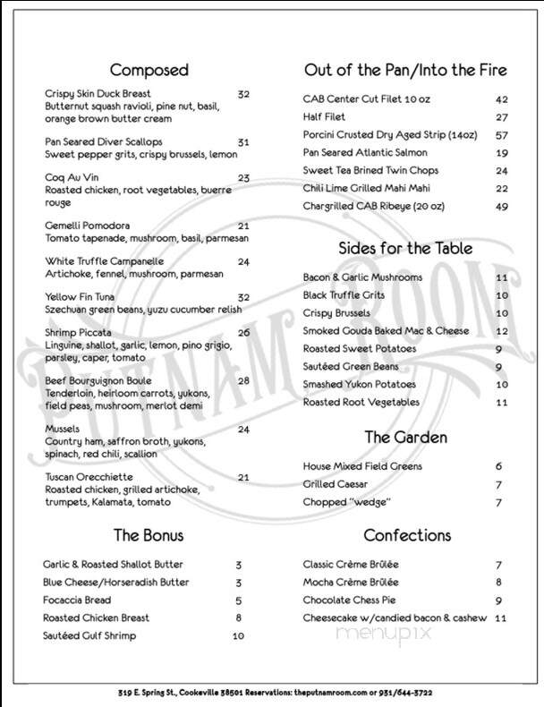 The Putnam Room - Cookeville, TN menu_pic