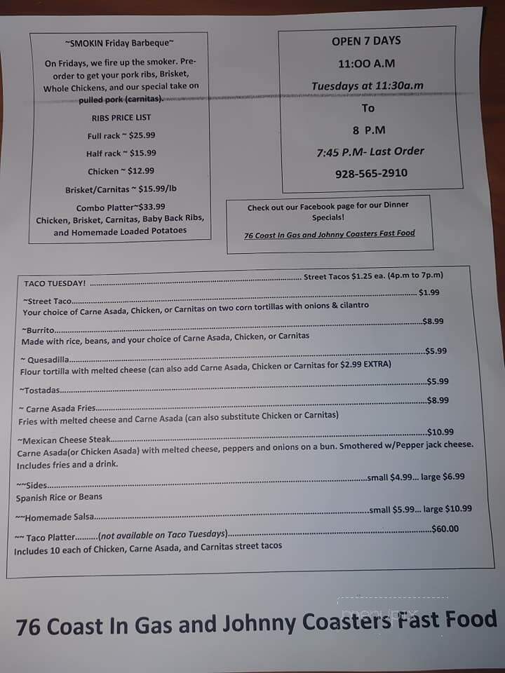 Johnny Coaster's To Go - Golden Valley, AZ menu_pic
