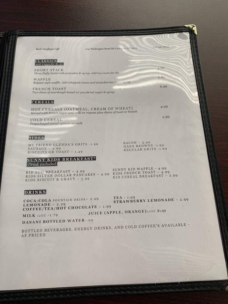 Barb's Sunflower Cafe - Covington, GA menu_pic