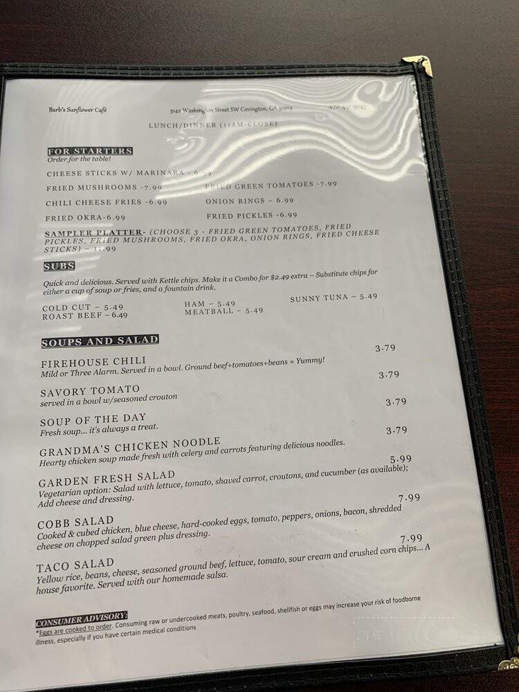 Barb's Sunflower Cafe - Covington, GA menu_pic
