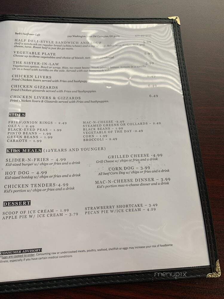Barb's Sunflower Cafe - Covington, GA menu_pic