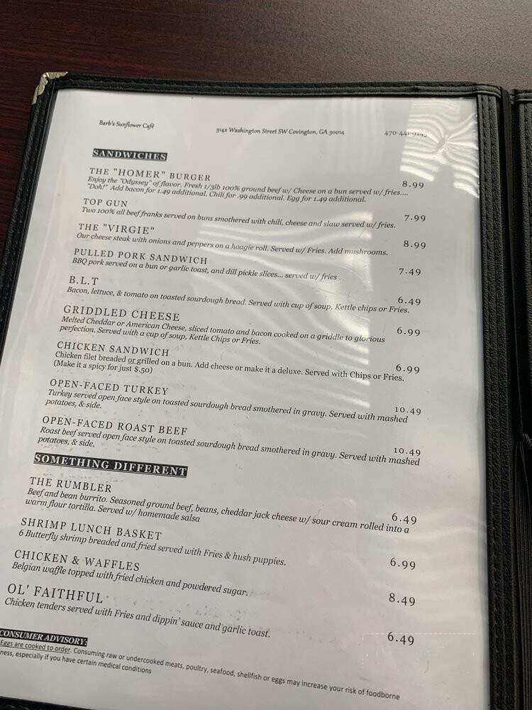 Barb's Sunflower Cafe - Covington, GA menu_pic