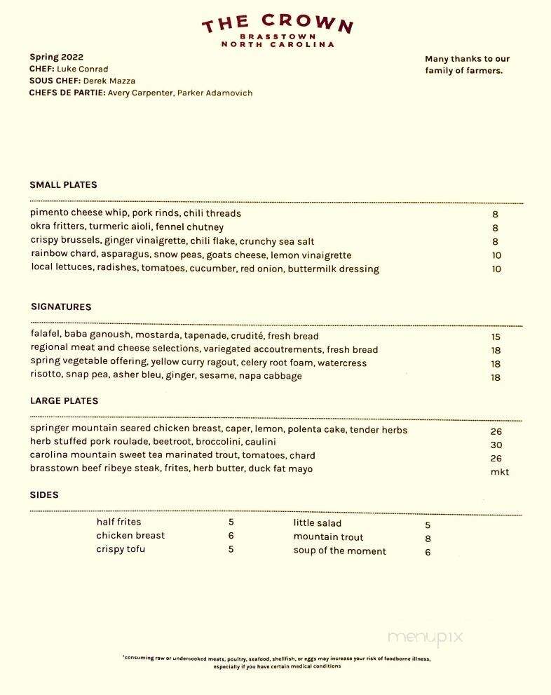 The Crown - Brasstown, NC menu_pic