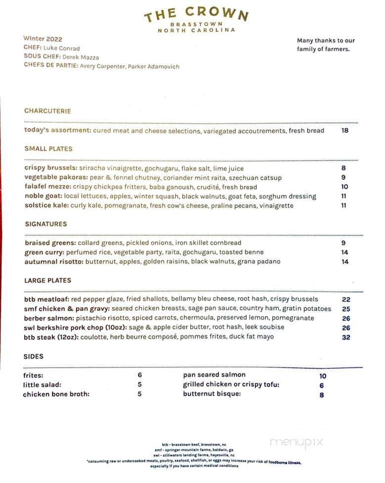 The Crown - Brasstown, NC menu_pic