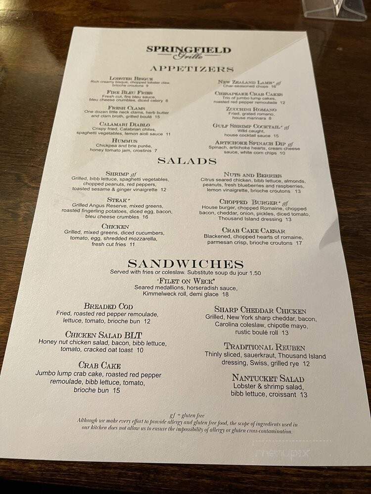 Springfield Grille - Youngstown, OH menu_pic