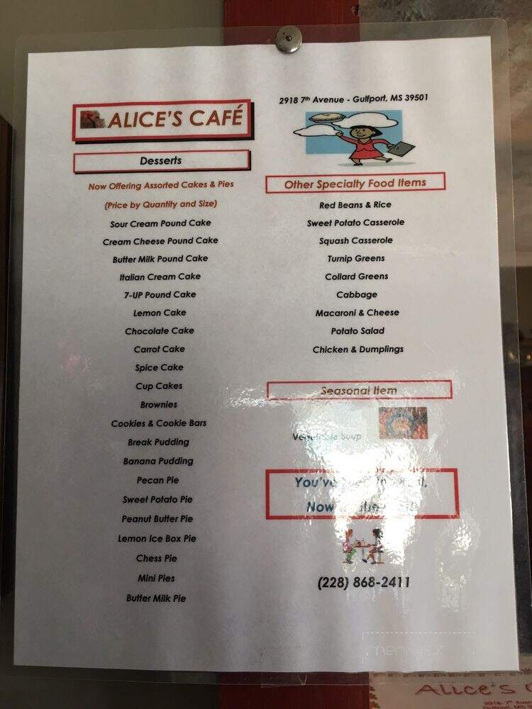 Alice's Cafe - Gulfport, MS menu_pic