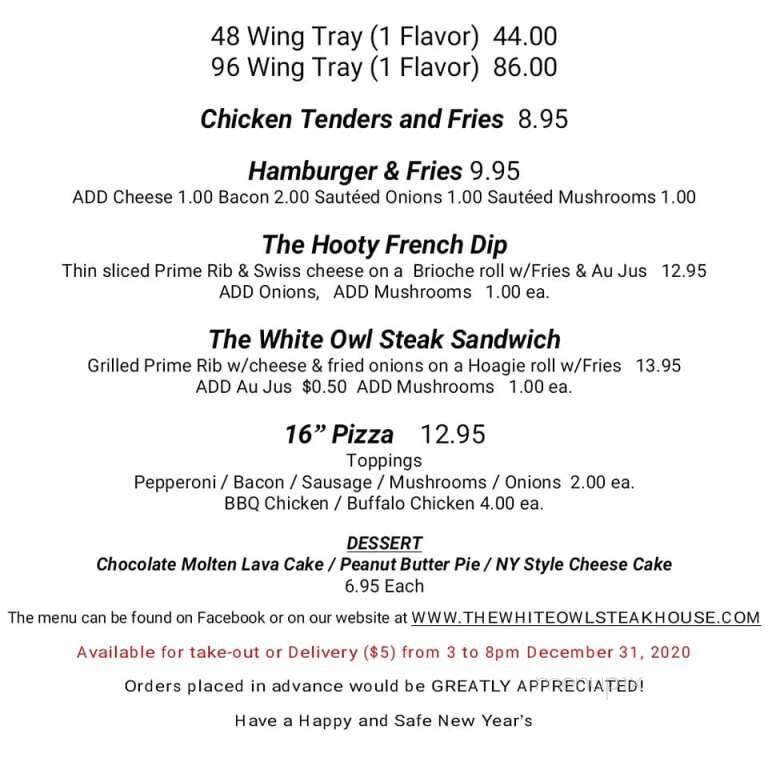 White Owl Tavern & Restaurant - Beach Lake, PA menu_pic