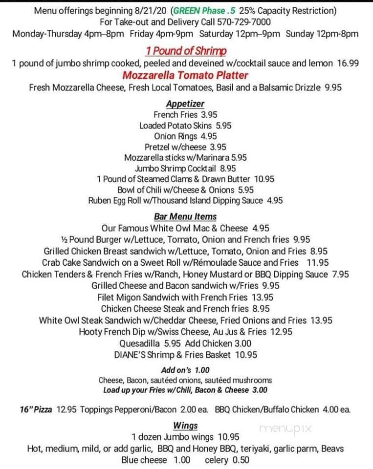 White Owl Tavern & Restaurant - Beach Lake, PA menu_pic