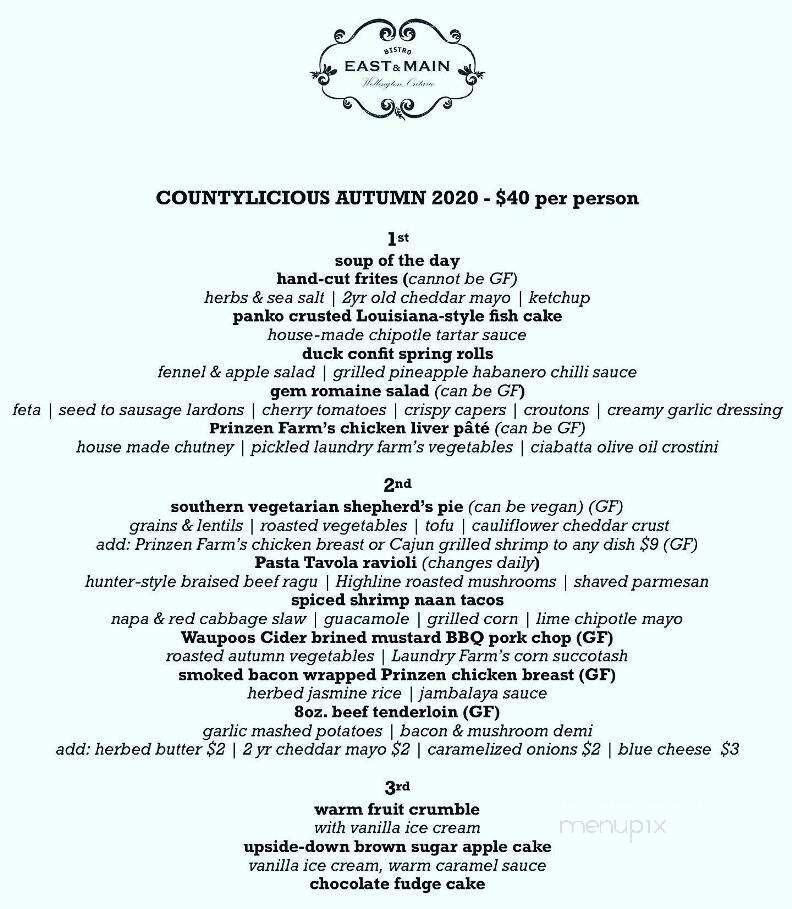 East and Main Bistro - Wellington, ON menu_pic