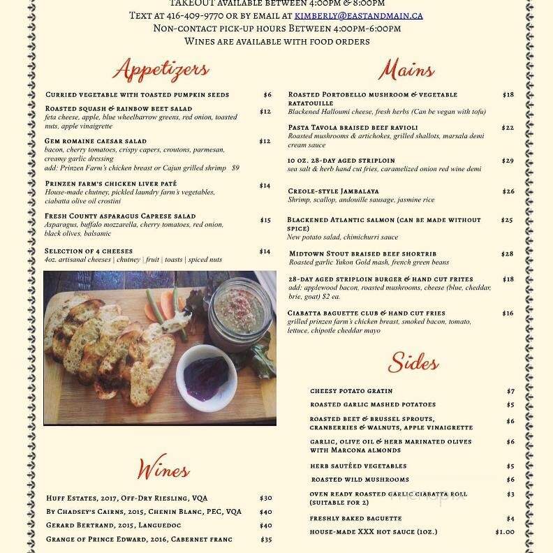 East and Main Bistro - Wellington, ON menu_pic