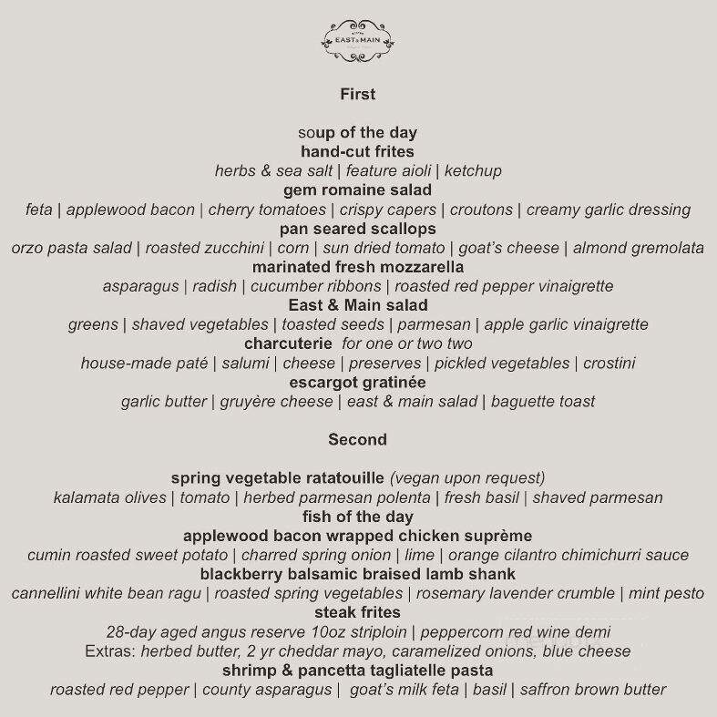 East and Main Bistro - Wellington, ON menu_pic