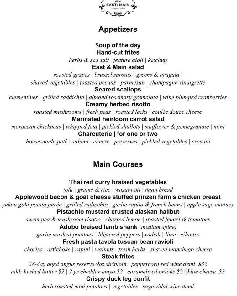 East and Main Bistro - Wellington, ON menu_pic
