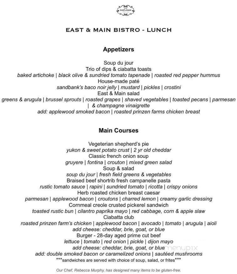 East and Main Bistro - Wellington, ON menu_pic